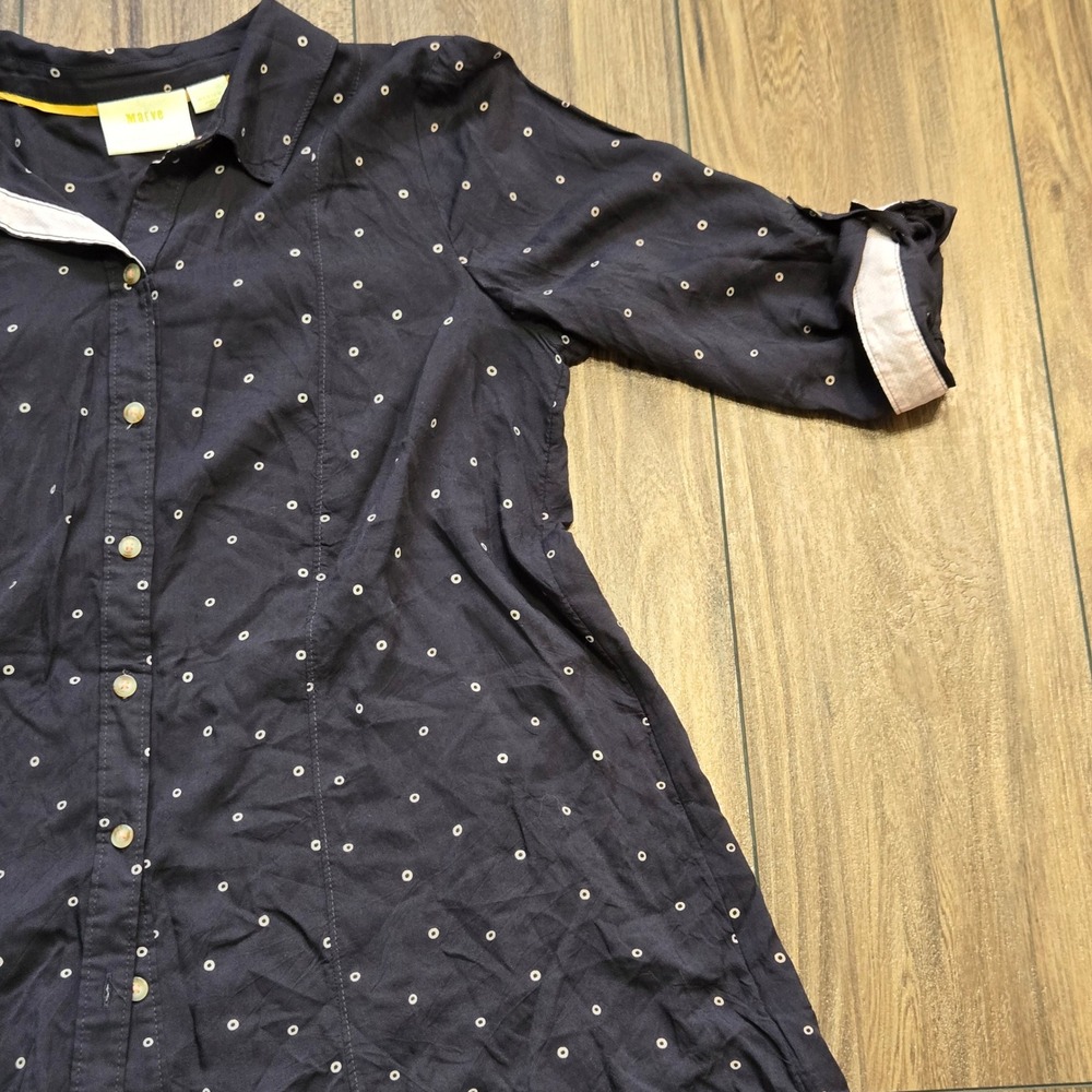 Maeve Anthropologie Navy Polka Dot Button Down Tunic Top Womens Medium Roll Tab - Picture 4 of 11